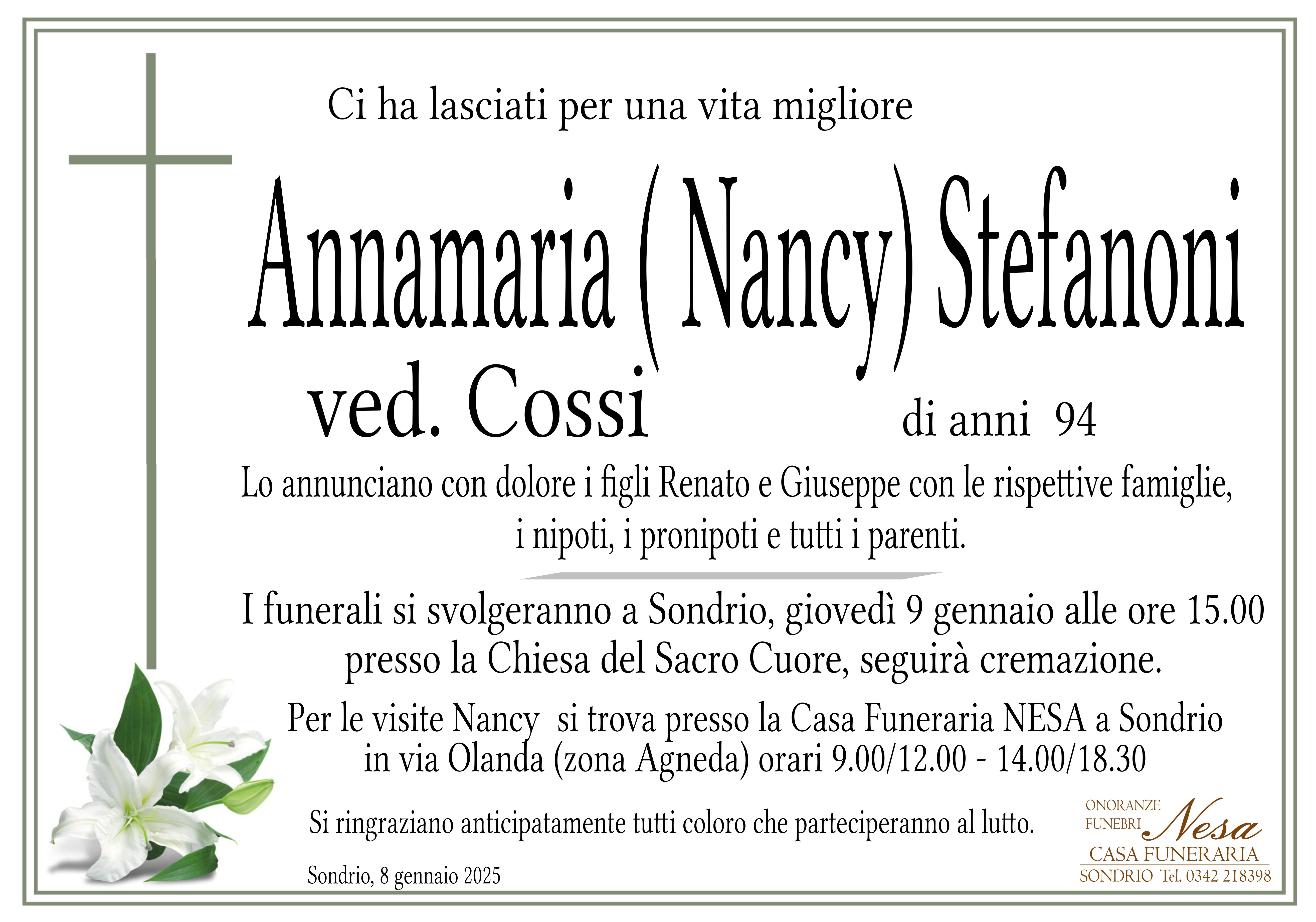 Necrologio ANNAMARIA (NANCY) STEFANONI